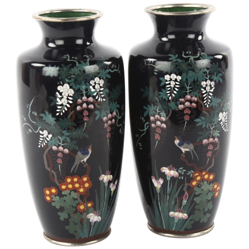 182 - A pair of cloisonne vases, with bird and wisteria decoration, height 15cm