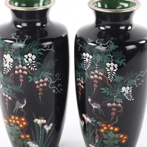 182 - A pair of cloisonne vases, with bird and wisteria decoration, height 15cm