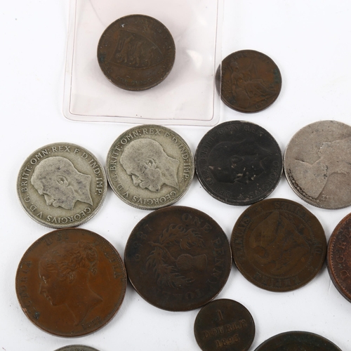 186 - A small collection of British and other coins, some with silver content, including high grade farthi... 