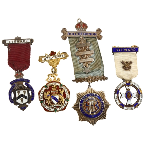 189 - 4 Masonic hallmarked silver and enamel jewels, including Roll of Honour West Dorset Lodge, and 3 Ste... 