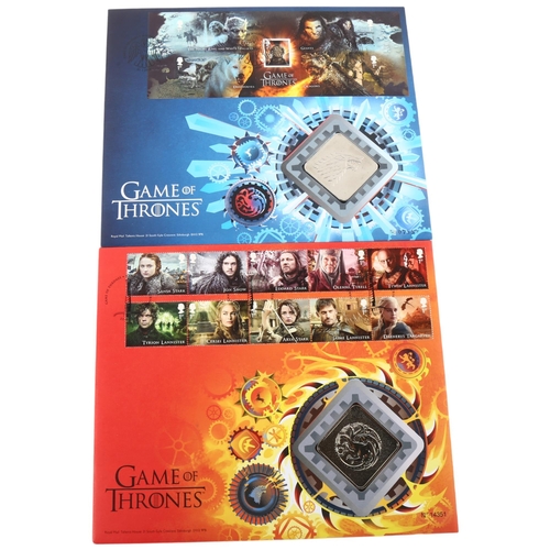 197 - 2 Game of Thrones limited edition proof coins and stamp sets, in original envelopes