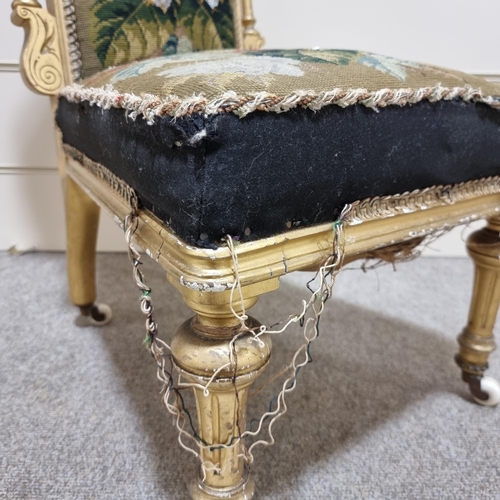 174 - A 19th century giltwood French prayer chair with tapestry upholstery, height 90cm