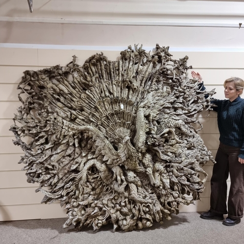 59 - A massive Indonesian wood carving, with central peacock carved into single rootwood sculpture, with ... 