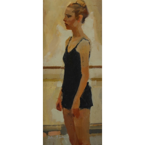 506 - Helen Wilson RSW (born 1954) (Glasgow School of Art), dancer III, oil on board, exhibition label ver... 