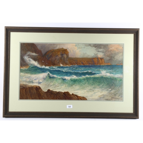 508 - Edward Frederick Brewtnall (1846 - 1902), rough seas on Cornish coast, watercolour, signed, 38cm x 6... 