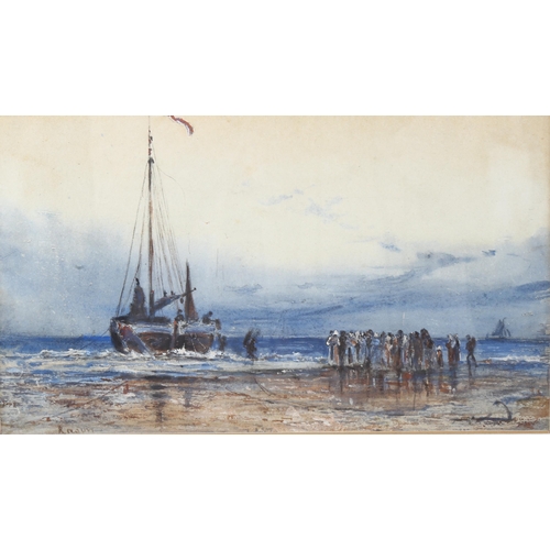517 - A pair of early 20th century watercolours, beached fishing boats, indistinctly signed, 14cm x 24cm, ... 