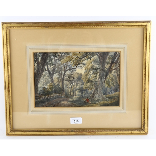 518 - 19th century watercolour, traveller in woodland, indistinctly signed, 18cm x 28cm, framed