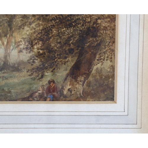 519 - 19th century watercolour, figures in a landscape, indistinctly signed, 19cm x 28cm, framed