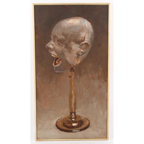 523 - Julian Gordon Mitchell, mannequin head, oil on board, signed verso, 46cm x 25cm, framed