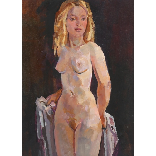 524 - Julian Gordon Mitchell, nude girl with flaxen hair, oil on canvas, signed verso, 40cm x 30cm, framed