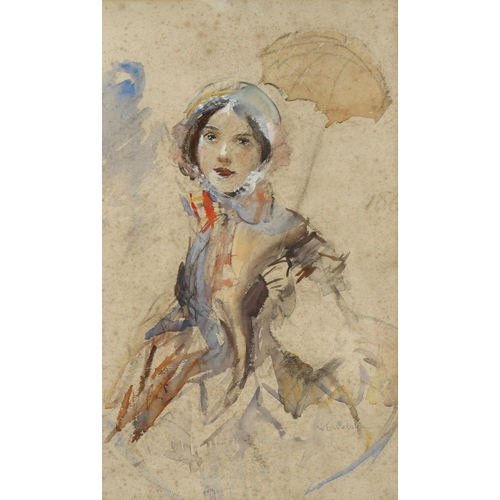 525 - Walter Ernest Webster, study of a girl with a parasol, watercolour, signed, 45cm x 27cm, framed