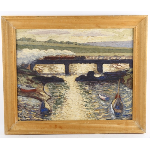 533 - Charles Andrew RWA, train crossing an estuary, impasto oil on board, signed, 40cm x 49cm, framed