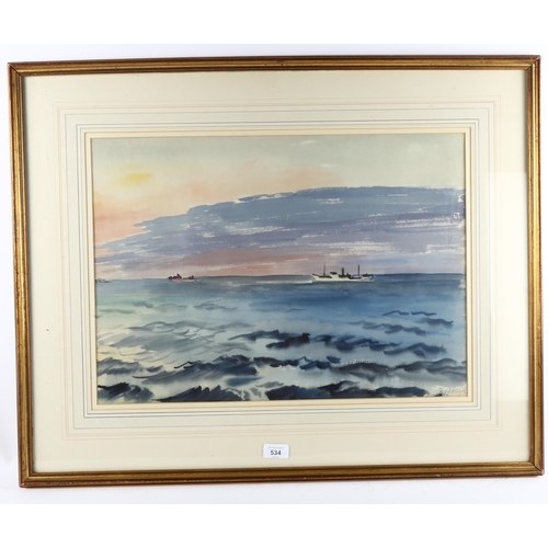 534 - Roland Vivian Pitchforth (1895 - 1982), shipping off Gibraltar, watercolour, signed, 39cm x 55cm, fr... 