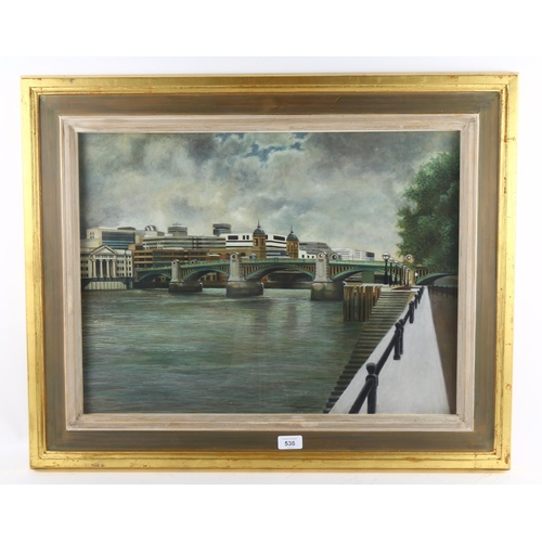 536 - Southwark Bridge on the Thames Southbank, late 20th century oil on board, unsigned, 44cm x 60cm, fra... 