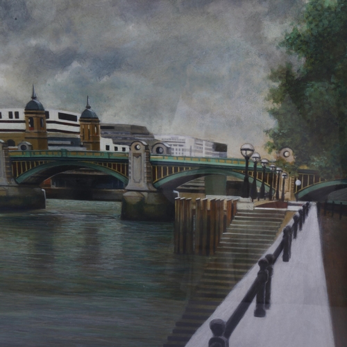 536 - Southwark Bridge on the Thames Southbank, late 20th century oil on board, unsigned, 44cm x 60cm, fra... 