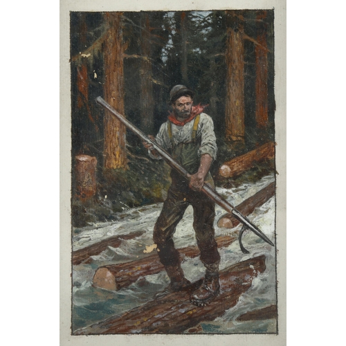 548 - Richard Caton Woodville (1856 - 1927), lumberman at work Canada, image 11cm x 7cm, framed