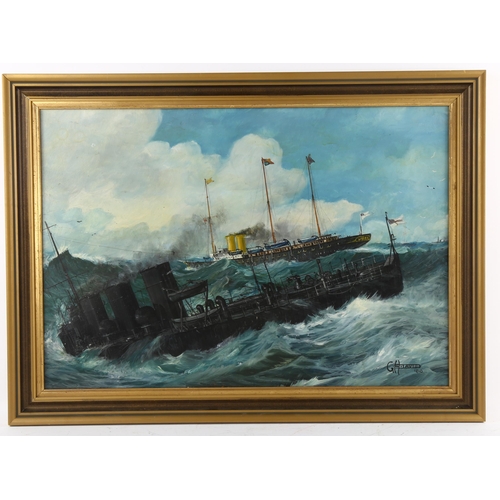 549 - George Horace Davis (1881 - 1963), shipping in a storm, oil on board, signed and dated 1910, 37cm x ... 