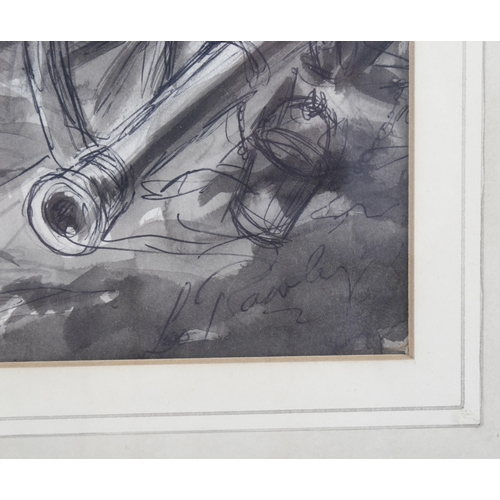 551 - Leo Rawlings (1918 - 1990), the Battle of Waterloo, monochrome watercolour/ink sketch on paper, sign... 