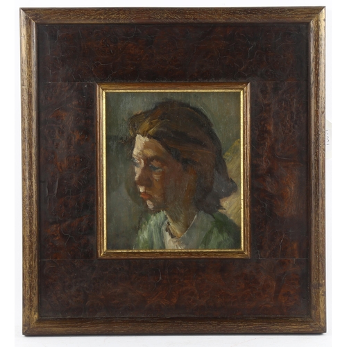 555 - 20th century oil on board, portrait of a woman, unsigned, 16cm x 14cm, framed