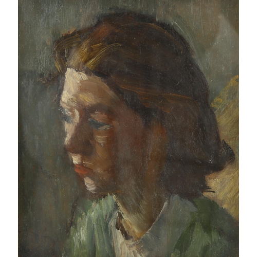 555 - 20th century oil on board, portrait of a woman, unsigned, 16cm x 14cm, framed