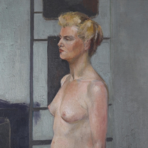 557 - Mid-20th century oil on canvas, nude life study, unsigned, 102cm x 71cm, framed