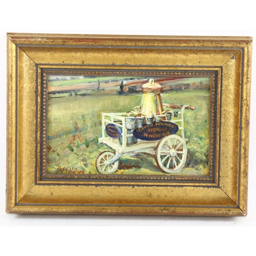 558 - Phyllis Nielson, Newmans Milk Cart, Frensham, oil on wood panel, signed and dated 1981, 13cm x 21cm,... 