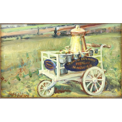 558 - Phyllis Nielson, Newmans Milk Cart, Frensham, oil on wood panel, signed and dated 1981, 13cm x 21cm,... 