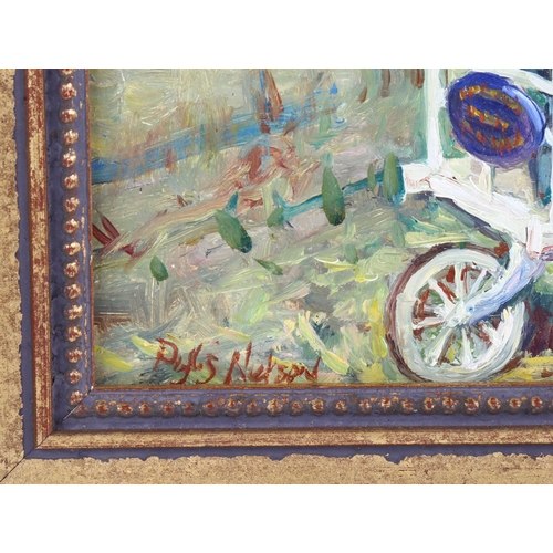 558 - Phyllis Nielson, Newmans Milk Cart, Frensham, oil on wood panel, signed and dated 1981, 13cm x 21cm,... 