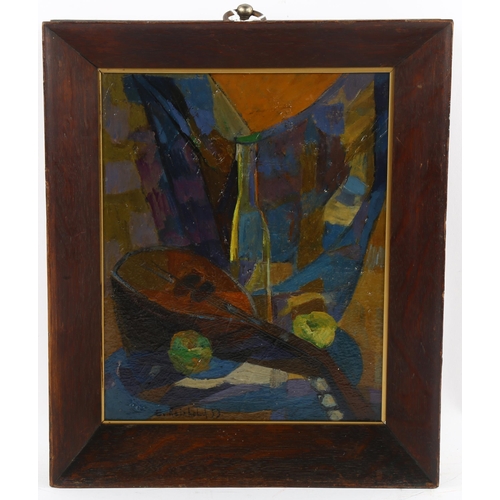 560 - E Reinhold, still life with mandolin, signed and dated 1953, 26.5cm x 21.5cm, framed