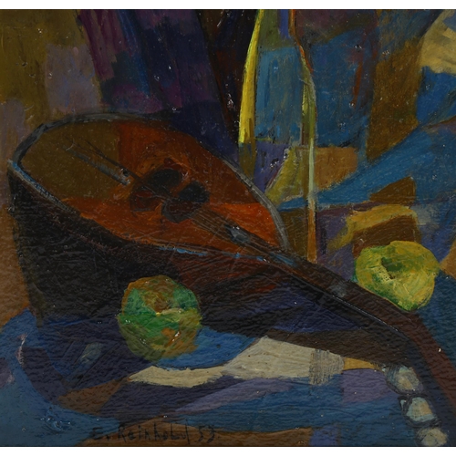 560 - E Reinhold, still life with mandolin, signed and dated 1953, 26.5cm x 21.5cm, framed