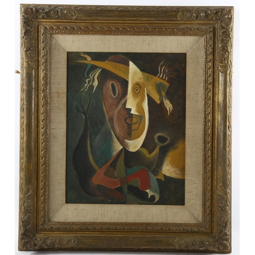 561 - Contemporary surrealist composition, oil on board, unsigned, 33cm x 26cm, framed