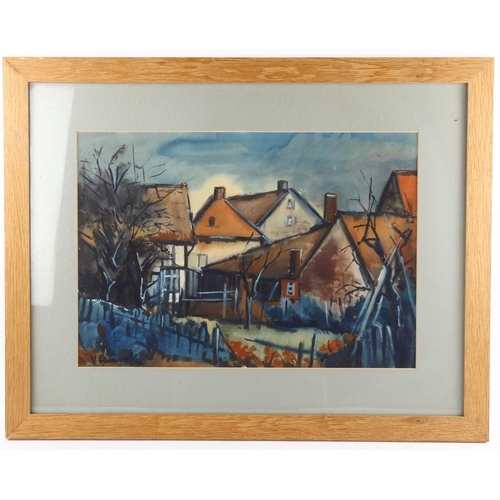 562 - Watercolour, study of buildings, mid-20th century, indistinctly signed, 34cm x 48cm, framed