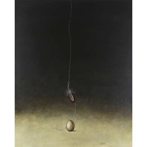 569 - Alison Rankin, balancing egg with hanging feather, acrylic on paper, signed with monogram, artist's ... 