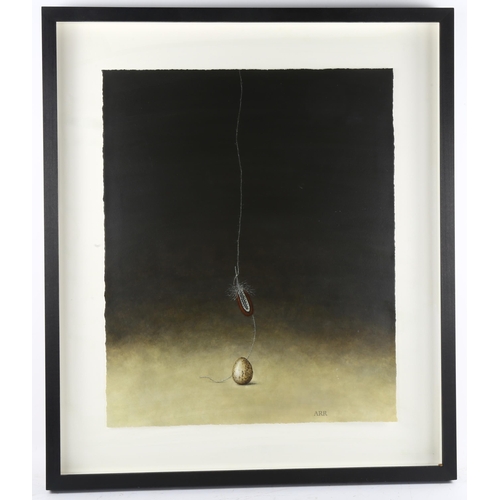 569 - Alison Rankin, balancing egg with hanging feather, acrylic on paper, signed with monogram, artist's ... 