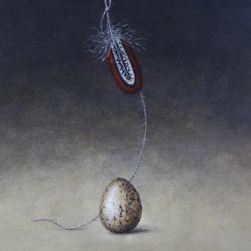 569 - Alison Rankin, balancing egg with hanging feather, acrylic on paper, signed with monogram, artist's ... 