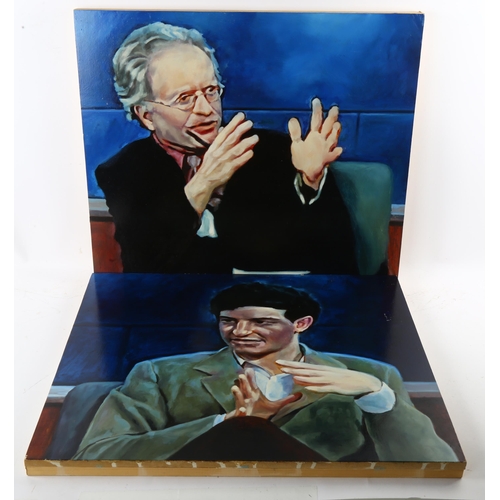 571 - Alex Kilby, the interview, pair of acrylics on board, 48cm x 56cm, unframed