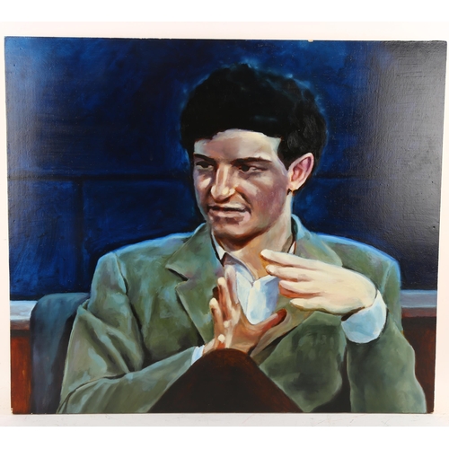 571 - Alex Kilby, the interview, pair of acrylics on board, 48cm x 56cm, unframed