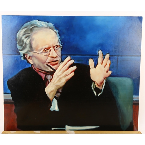 571 - Alex Kilby, the interview, pair of acrylics on board, 48cm x 56cm, unframed