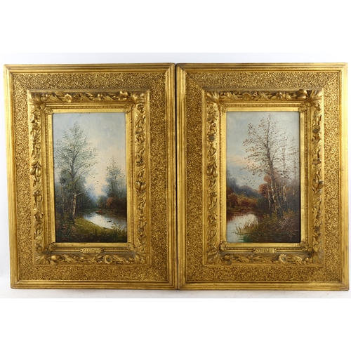 575 - C Leutner, pair of rural landscapes, oil on board, 30cm x 17cm, framed