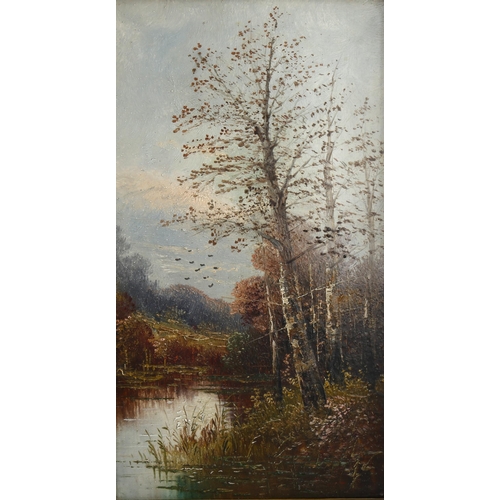 575 - C Leutner, pair of rural landscapes, oil on board, 30cm x 17cm, framed