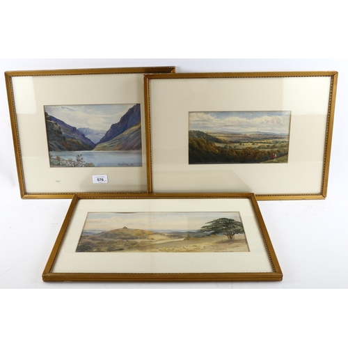 576 - Claude Hulk, 3 extensive landscape watercolours, including Glastonbury Tor, 13cm x 24cm, framed (3)