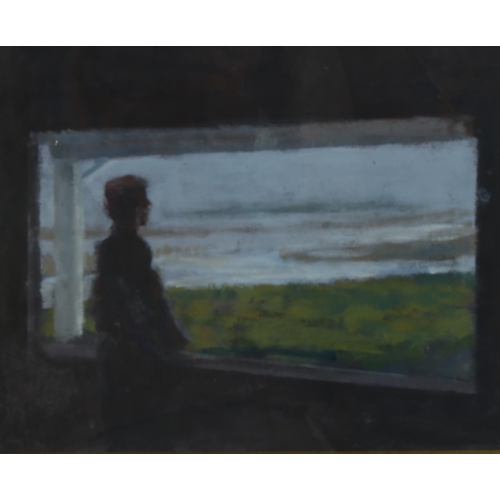 579 - Stuart Buchanan (born 1970), figure at the window, oil on paper, exhibition label verso, 20cm x 25cm... 