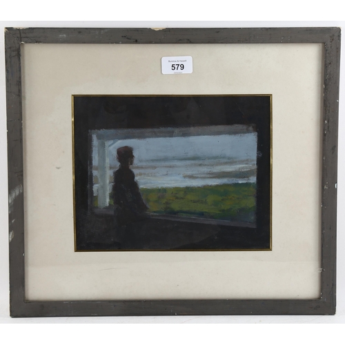 579 - Stuart Buchanan (born 1970), figure at the window, oil on paper, exhibition label verso, 20cm x 25cm... 