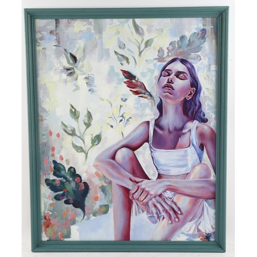 580 - Alice Spiers, thoughts in spring, oil on board, inscribed verso, 49cm x 39cm, framed