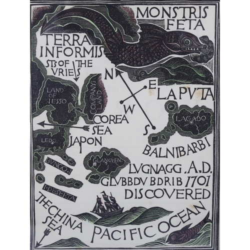 586 - David Jones (1895-1974), hand-coloured wood engraving on paper, Map of a Voyage to Laputa, from the ... 