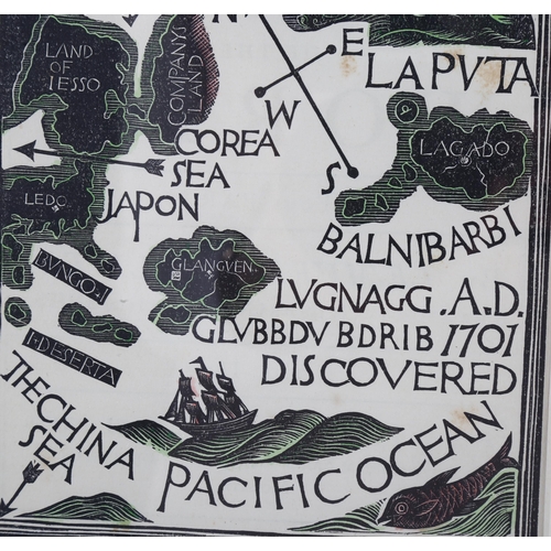 586 - David Jones (1895-1974), hand-coloured wood engraving on paper, Map of a Voyage to Laputa, from the ... 