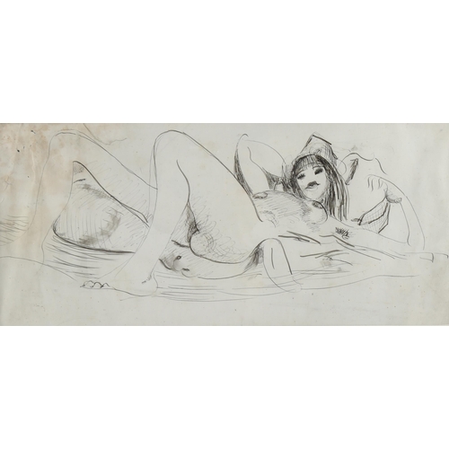 591 - Attributed to Nina Hamnett (1890-1956), ink on paper, Nude, signed in pencil verso, 16cm x 38cm, mou... 