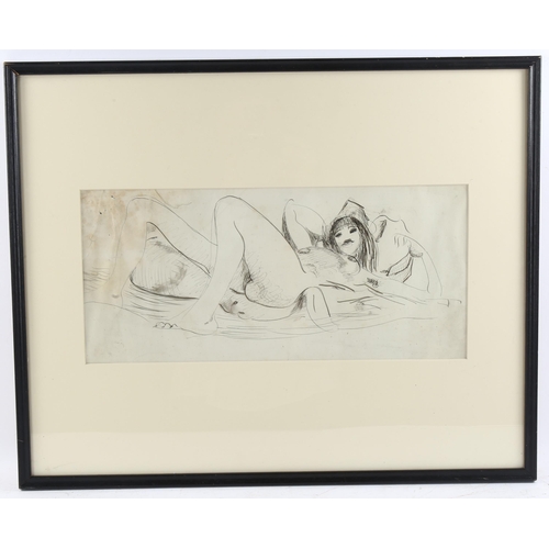 591 - Attributed to Nina Hamnett (1890-1956), ink on paper, Nude, signed in pencil verso, 16cm x 38cm, mou... 