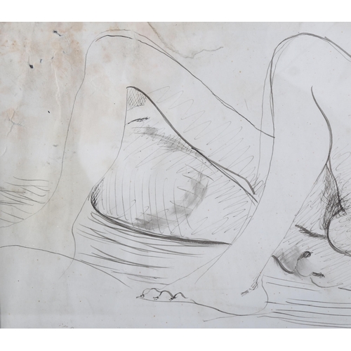 591 - Attributed to Nina Hamnett (1890-1956), ink on paper, Nude, signed in pencil verso, 16cm x 38cm, mou... 