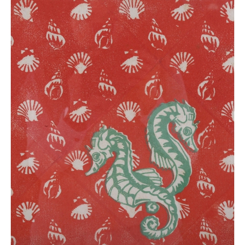 602 - Viola Paterson (1899-1901), block print on fabric, Seahorses, 26cm x 24cm, mounted, glazed and frame... 